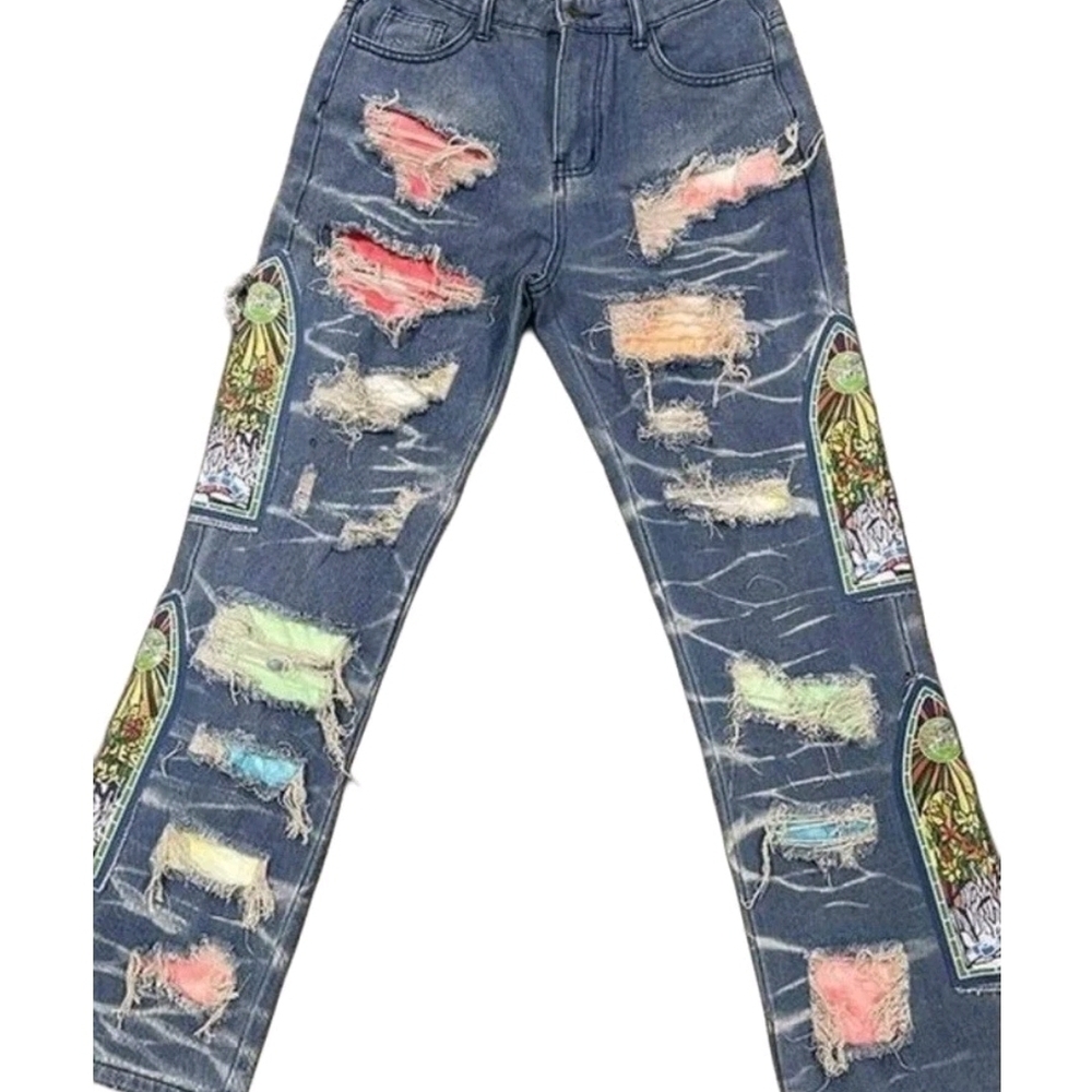 Patch Ripped Jeans Fluffy Flip Flops, Ragged Street Style, S. No Stretch. - Picture 6 of 9